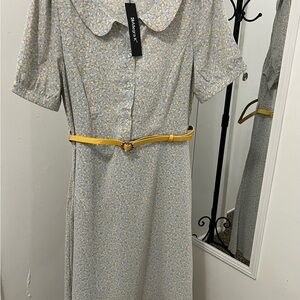 ALLEGRA K NEW Floral Gray Dress with Yellow Belt.  #02